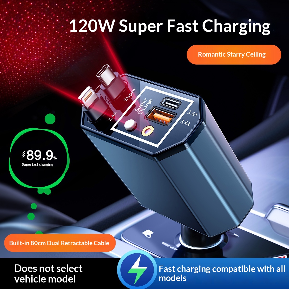 120W Car Charger with Telescop – Fast Charging Cable recenzja i cena